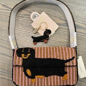Anthropologie Beaded Dachshund Purse in Pink and Brown WITH keychain!